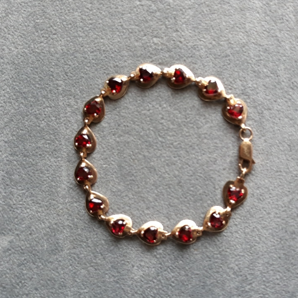 ❤💎14k Gold Eternity Heart Link Bracelet W/14 Natural Garnet Heart Stones 7 1/4" - Picture 2 of 6